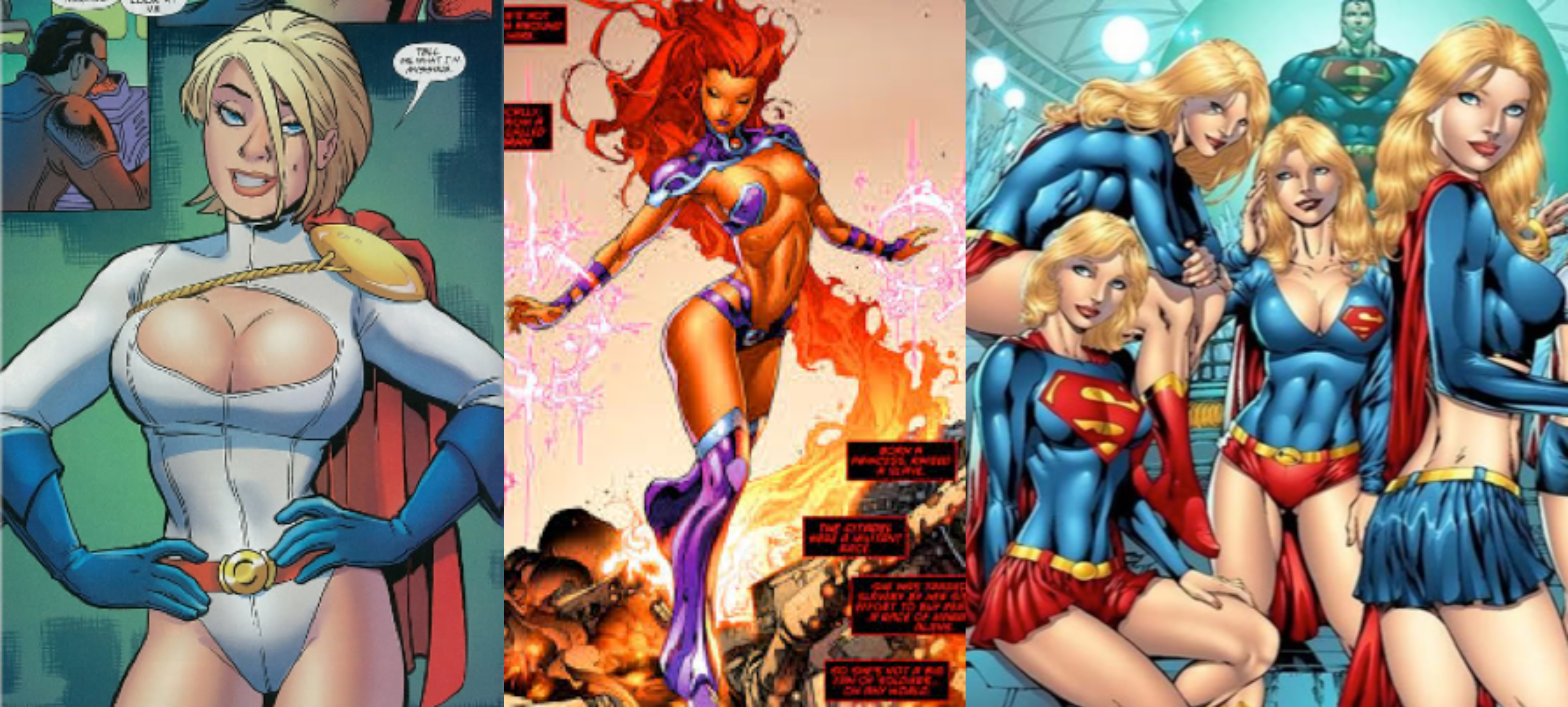 DC’s Power Girl (left), Starfire (middle), and Supergirl(s) (right) 